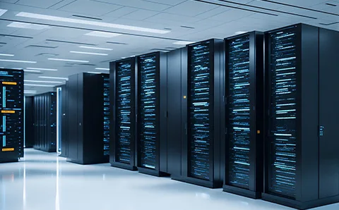 Rows of server racks in a data center